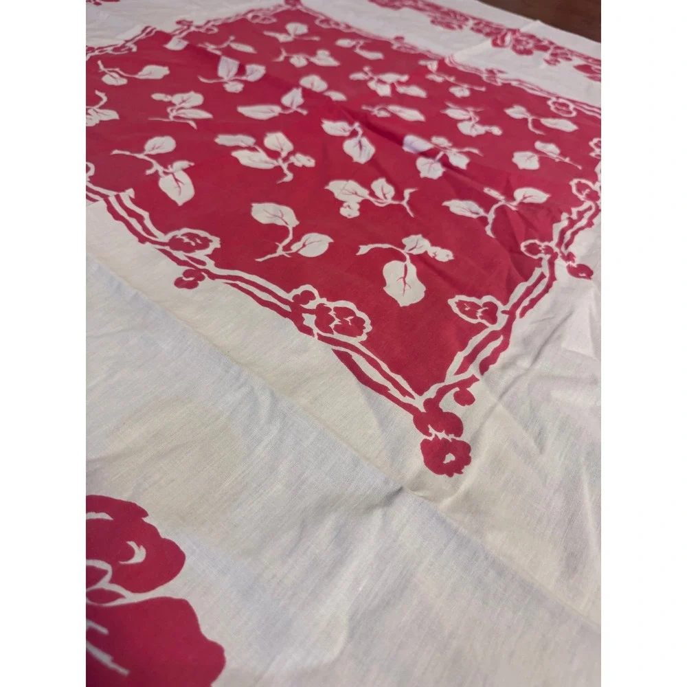 Vintage‎ Red White Floral Square Card Table Tablecloth Screen Print MC 43x43